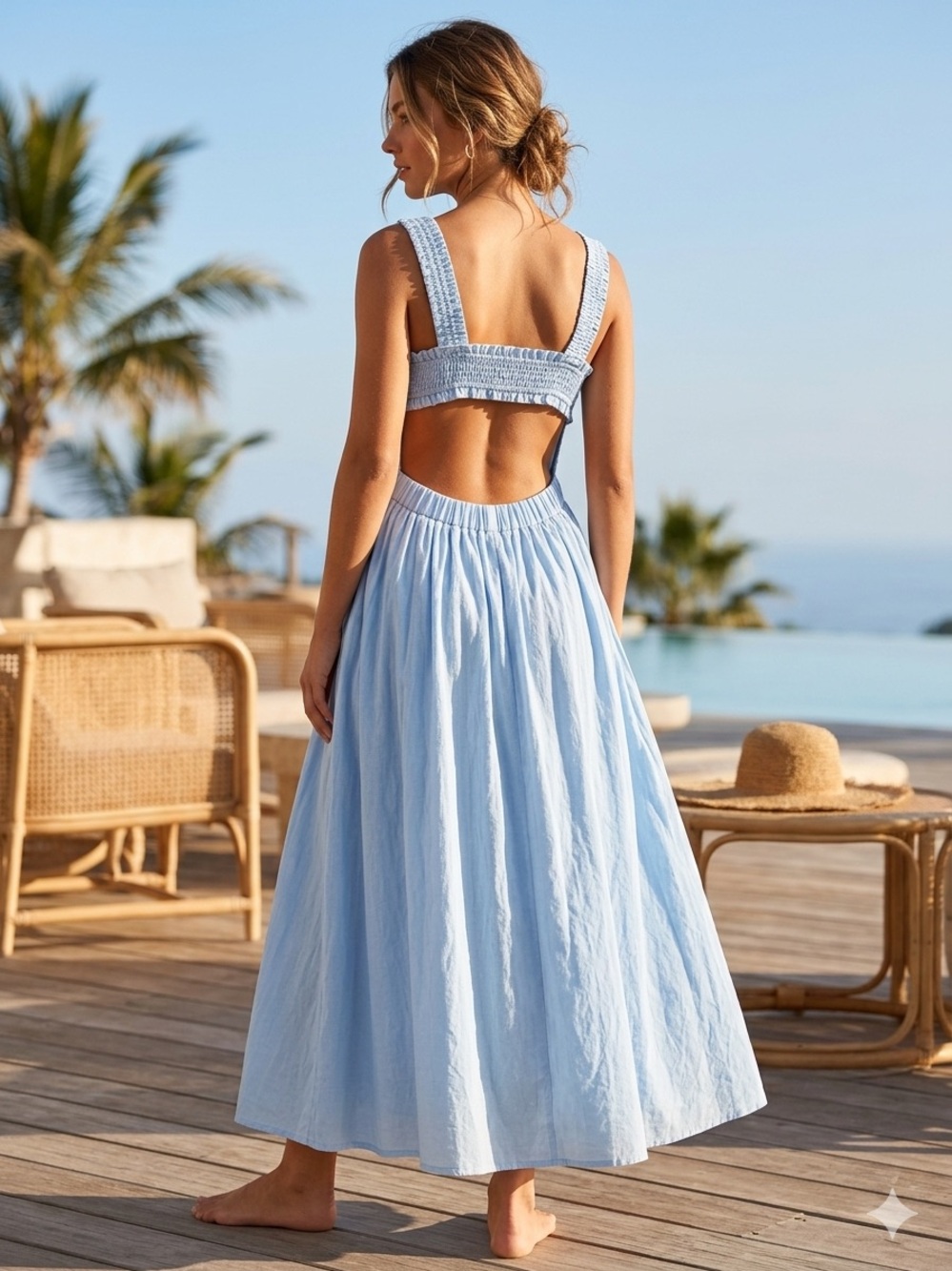 H&M Light Blue 100% Cotton Smocked Open Back Cutout Maxi Dress - Size XS EUC